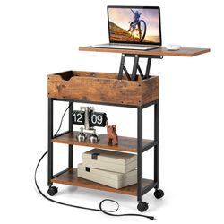 lift top end table with charging station and universal wheels, rustic brown mobile sofa side table with storage shelves
