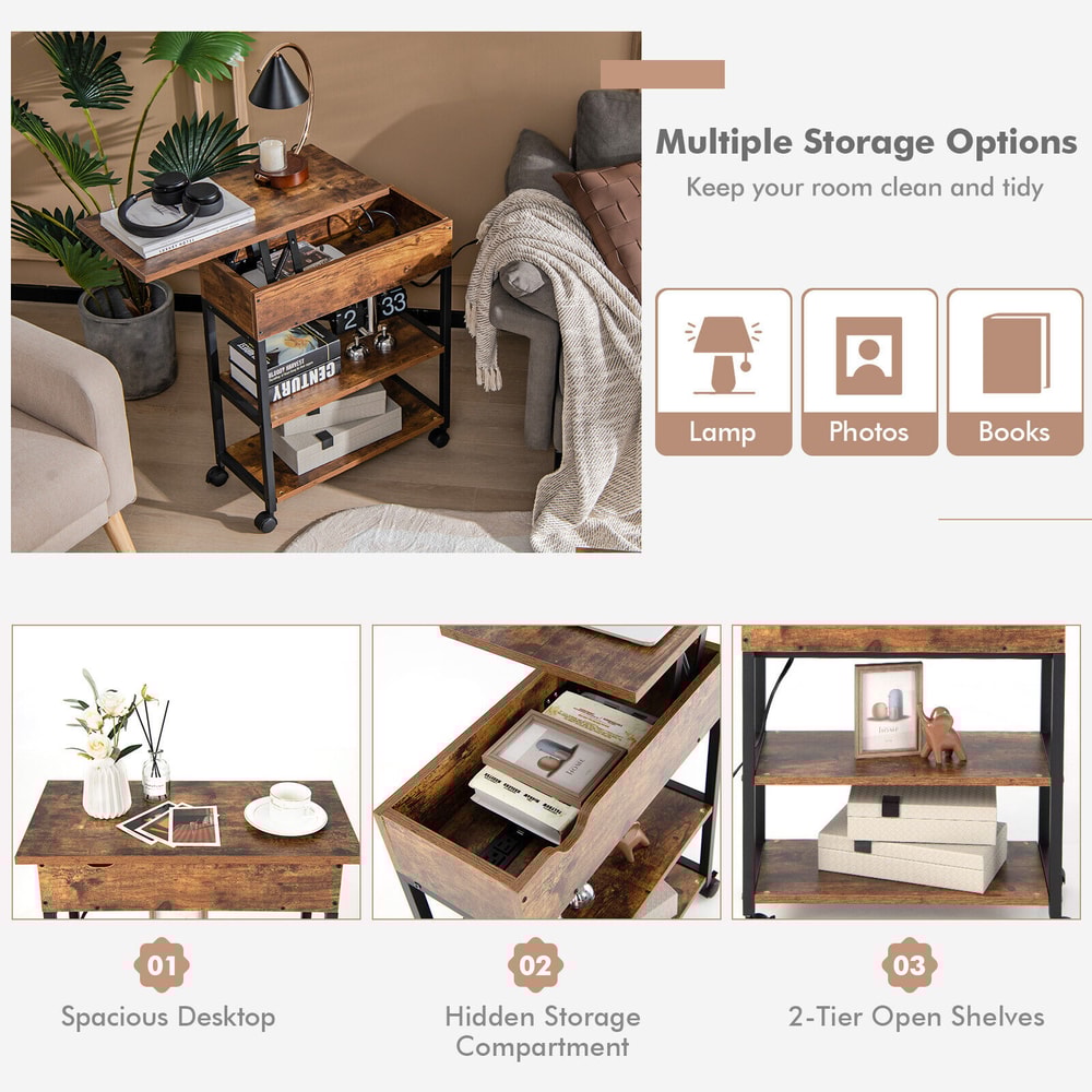 Lift Top End Table With Charging Station And Universal Wheels Rustic Brown Mobile Sofa Side Table W 6