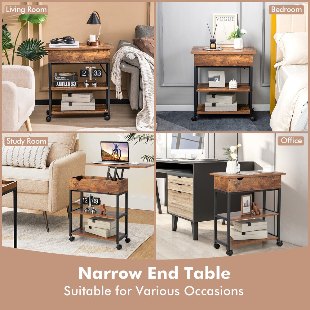 Lift Top End Table With Charging Station And Universal Wheels Rustic Brown Mobile Sofa Side Table W 4