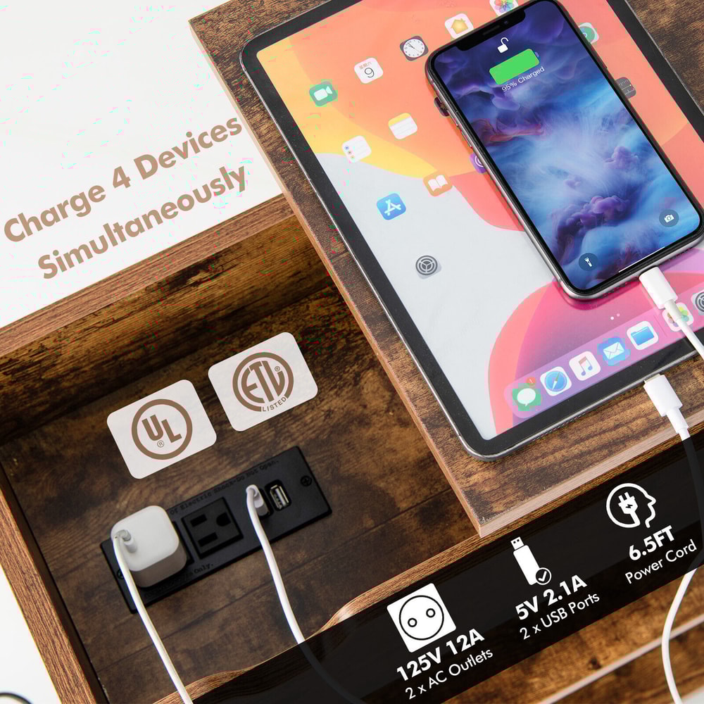 Lift Top End Table With Charging Station And Universal Wheels Rustic Brown Mobile Sofa Side Table W 3