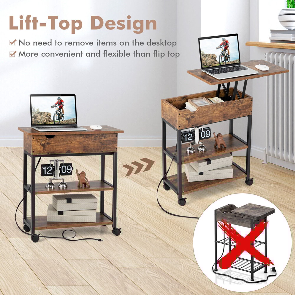 Lift Top End Table With Charging Station And Universal Wheels Rustic Brown Mobile Sofa Side Table W 5