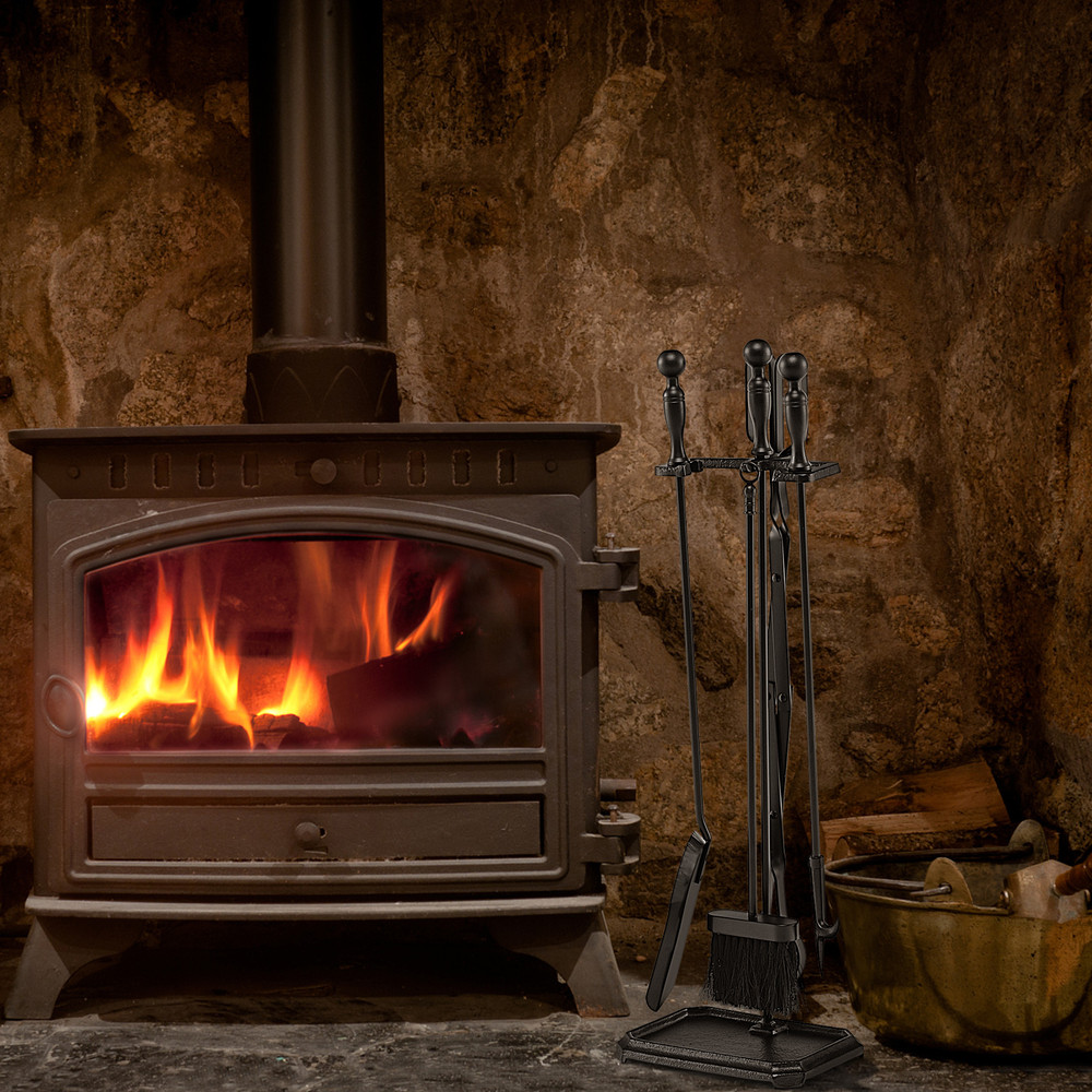 Fireplace Tool Set With Stand Black Iron Poker Tong Shovel Brush HeavyDuty Fire Pit Accessories 1