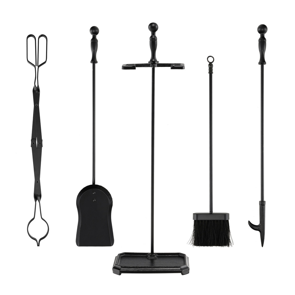 Fireplace Tool Set With Stand Black Iron Poker Tong Shovel Brush HeavyDuty Fire Pit Accessories 0