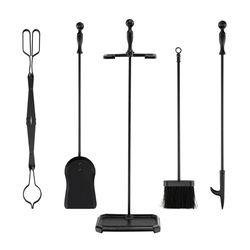 fireplace tool set with stand, black iron poker, tong, shovel, brush, heavy-duty fire pit accessories
