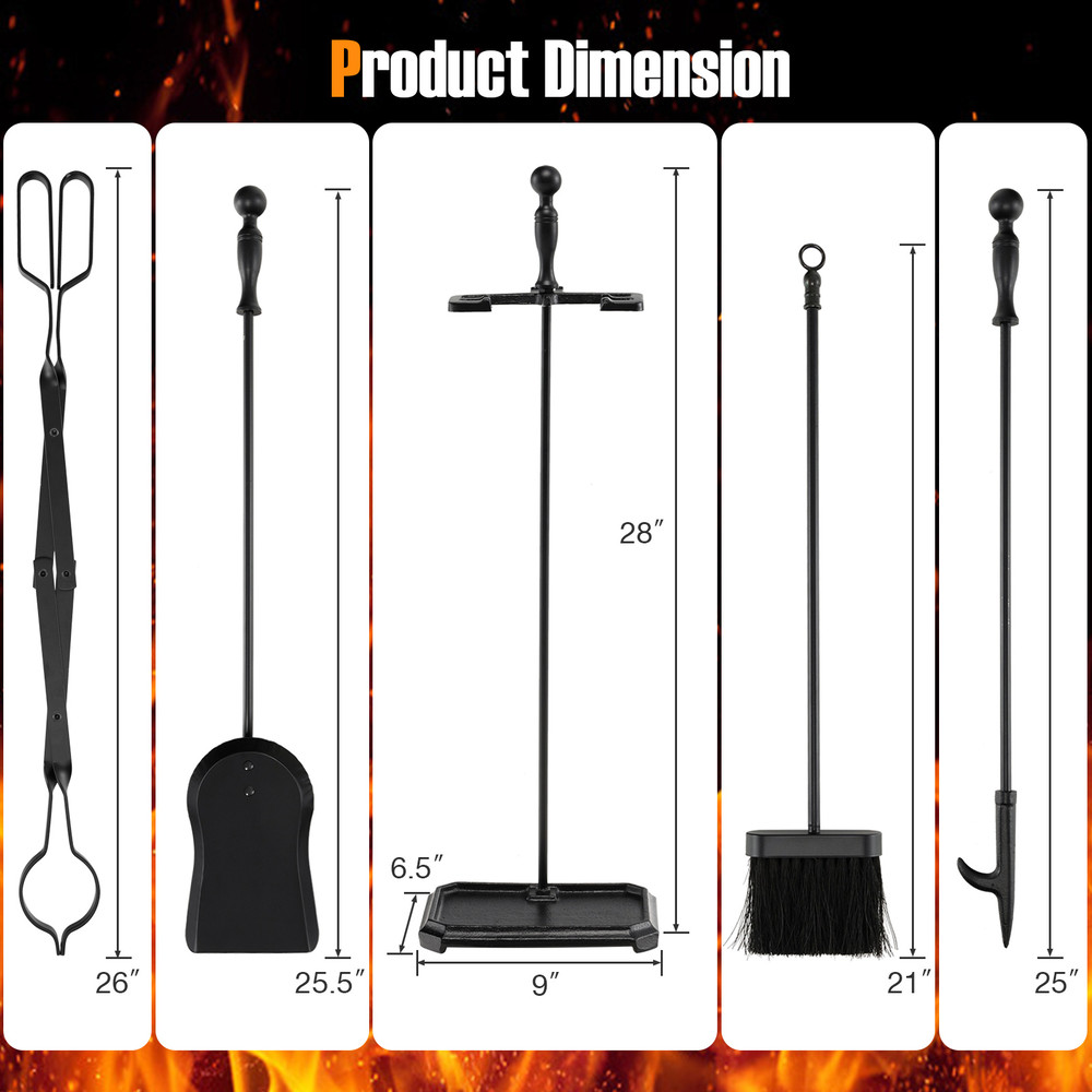 Fireplace Tool Set With Stand Black Iron Poker Tong Shovel Brush HeavyDuty Fire Pit Accessories 6