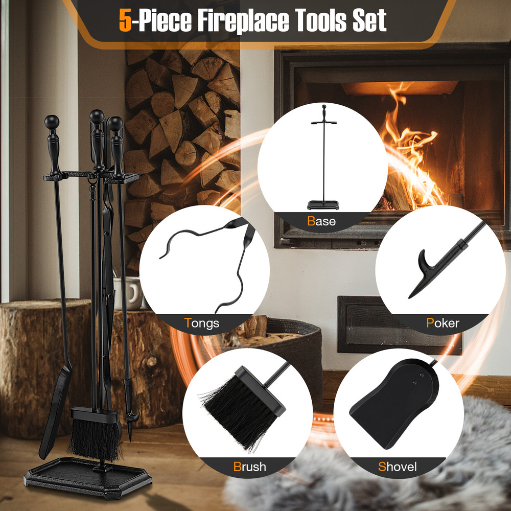 Fireplace Tool Set With Stand Black Iron Poker Tong Shovel Brush HeavyDuty Fire Pit Accessories 4