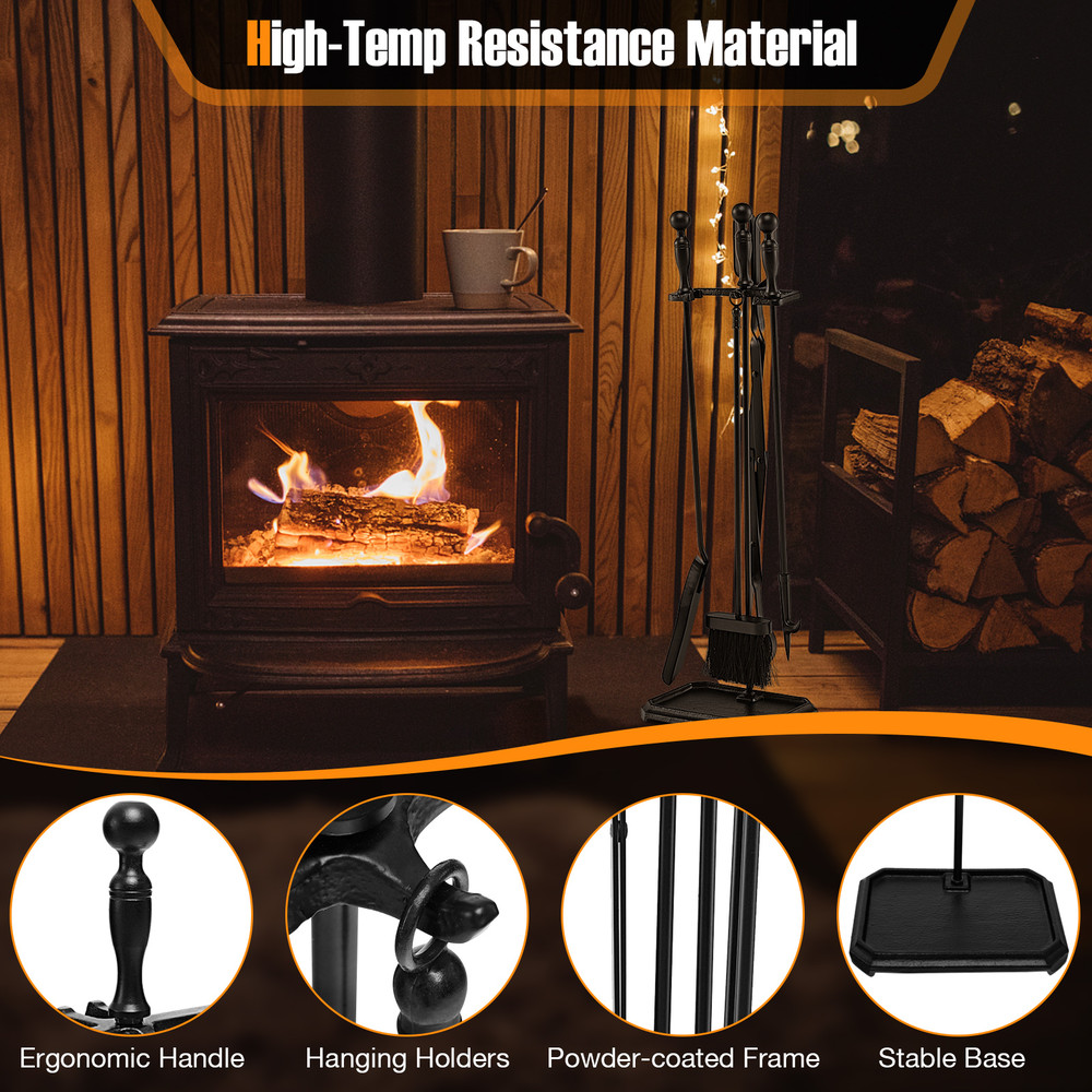 Fireplace Tool Set With Stand Black Iron Poker Tong Shovel Brush HeavyDuty Fire Pit Accessories 2