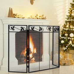 fireplace screen with elegant metal mesh, foldable fire guard for hearth safety, matches firewood log cart carrier