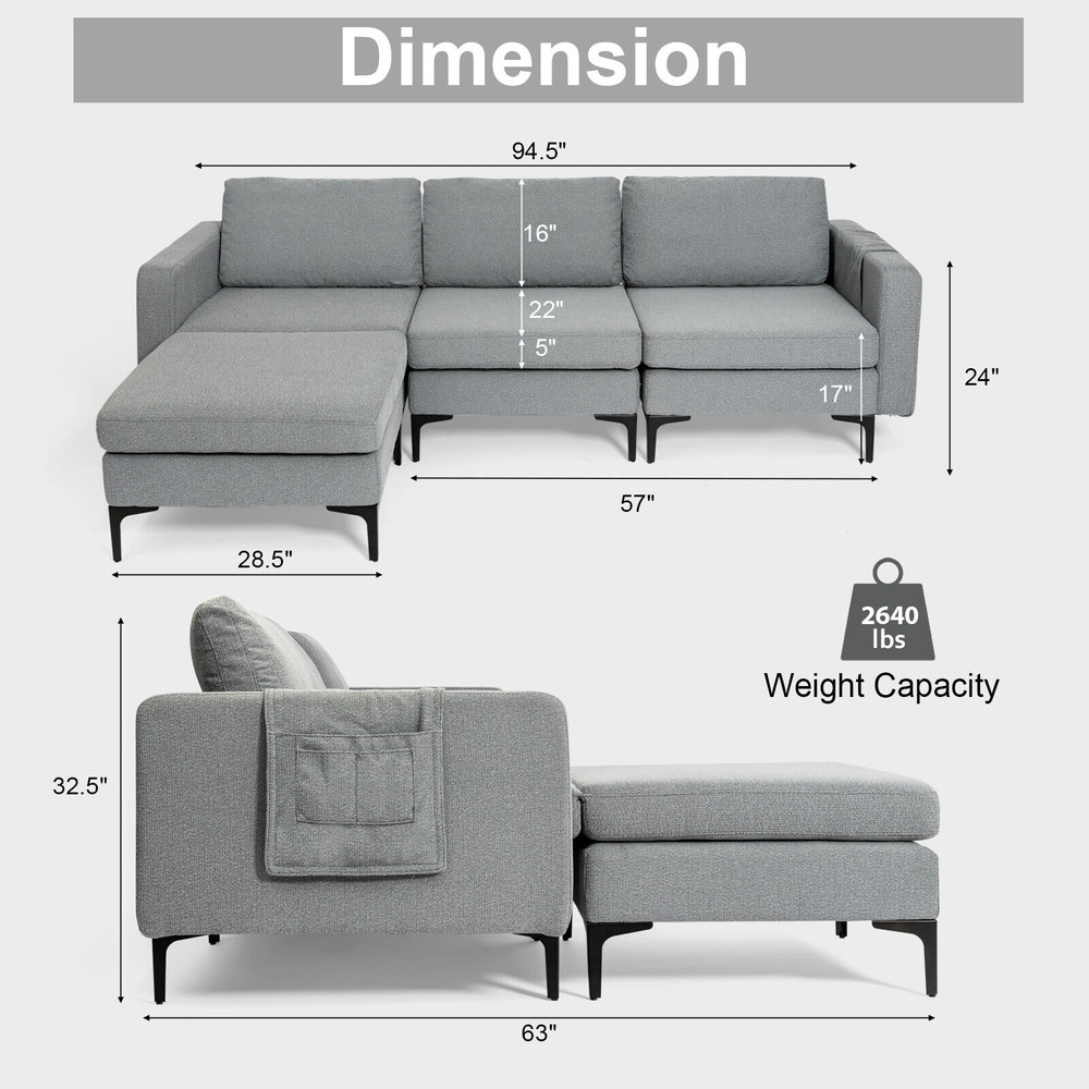 Modern L-Shaped Sectional Sofa, 3-Seat Modular Couch with USB Ports & Reversible Chaise