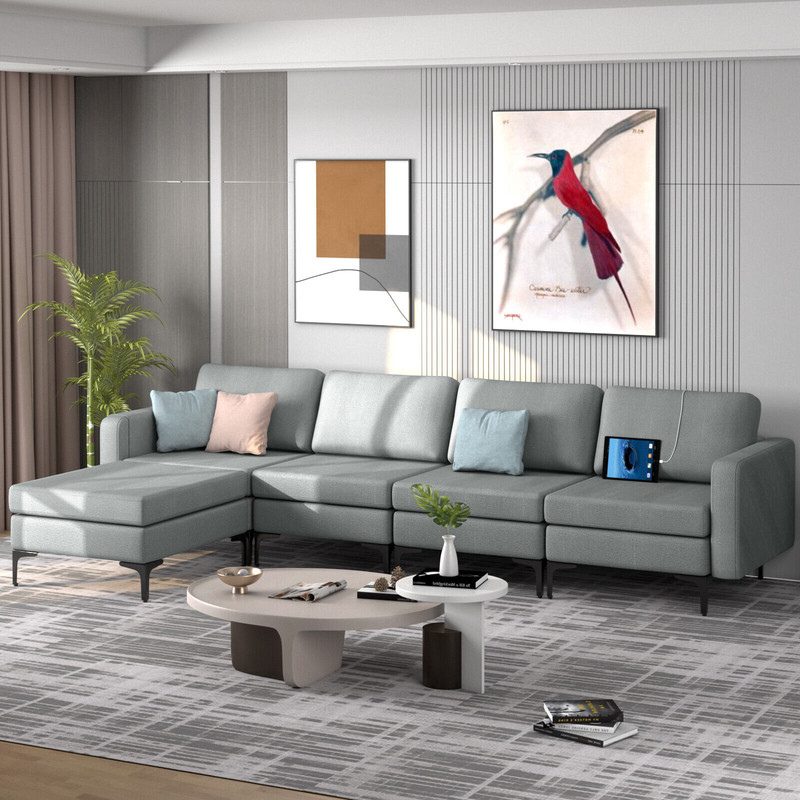 L-Shaped Modular Sectional Sofa, Reversible Ottoman, 2 USB Ports & Spacious Design