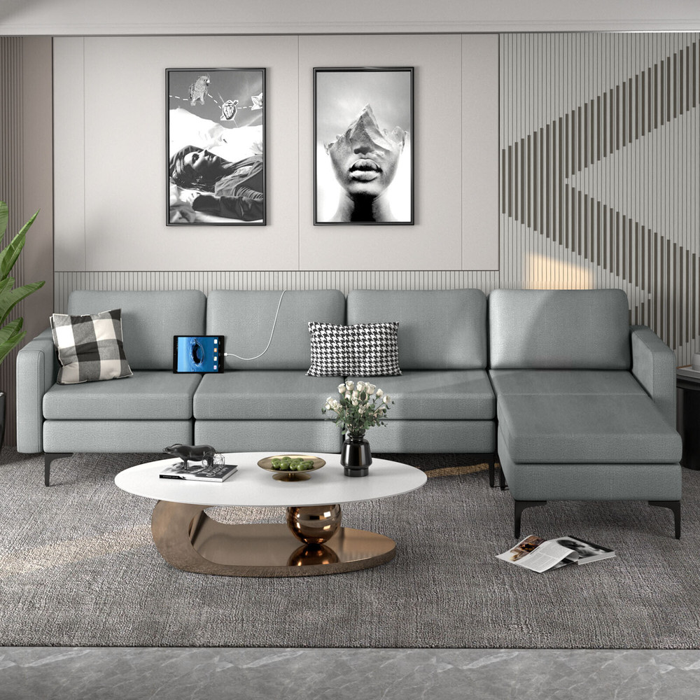 L-Shaped Modular Sectional Sofa, Reversible Ottoman, 2 USB Ports & Spacious Design