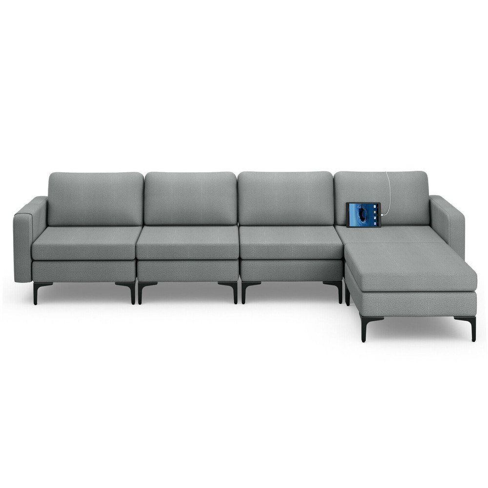 L-Shaped Modular Sectional Sofa, Reversible Ottoman, 2 USB Ports & Spacious Design