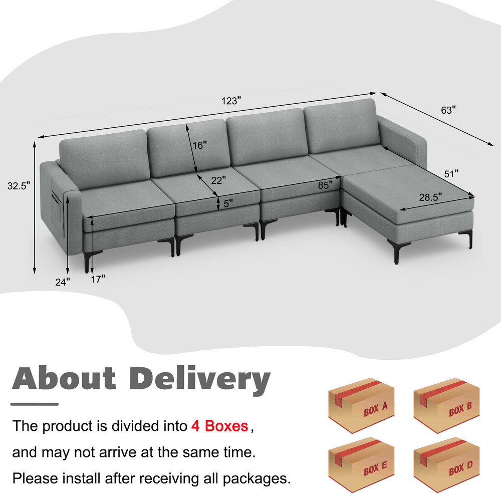 L-Shaped Modular Sectional Sofa, Reversible Ottoman, 2 USB Ports & Spacious Design