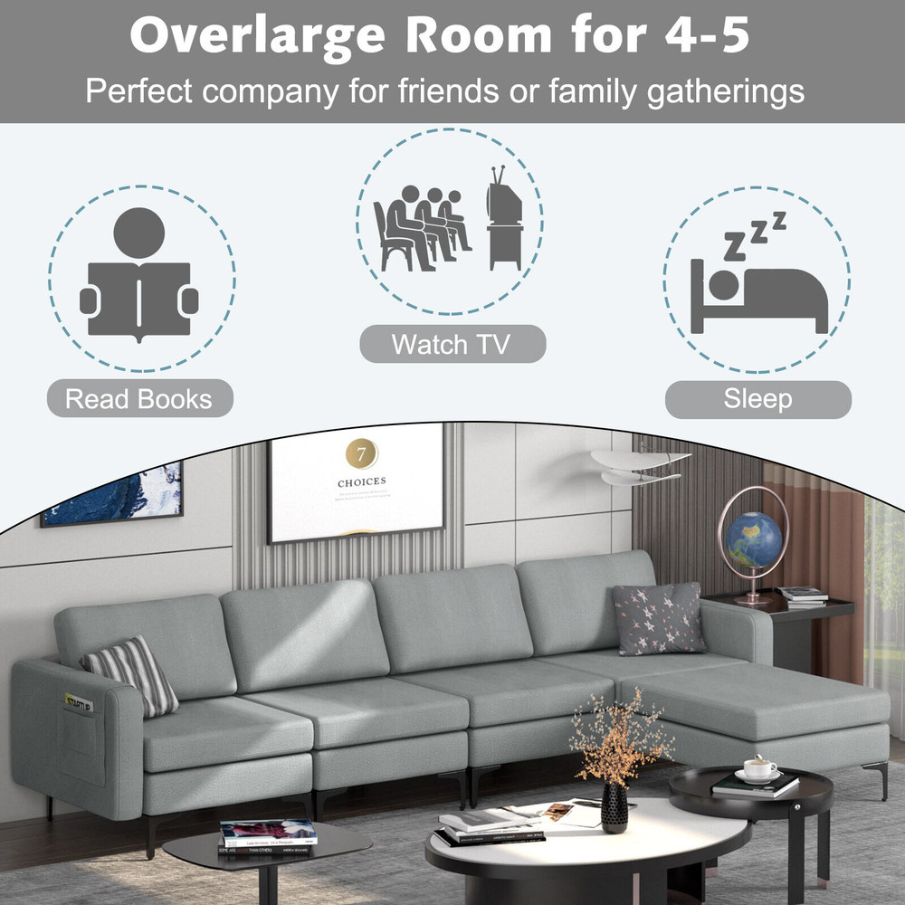 L-Shaped Modular Sectional Sofa, Reversible Ottoman, 2 USB Ports & Spacious Design