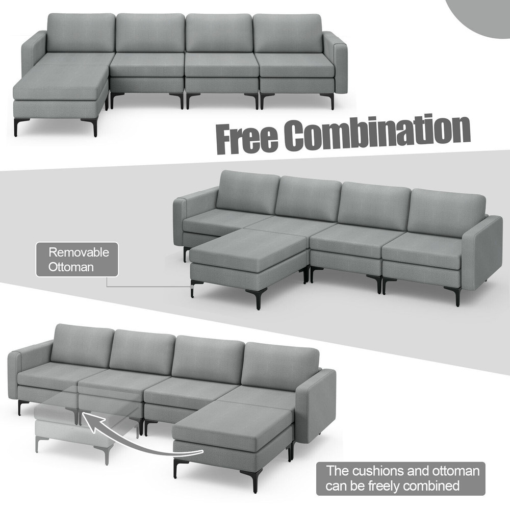 L-Shaped Modular Sectional Sofa, Reversible Ottoman, 2 USB Ports & Spacious Design
