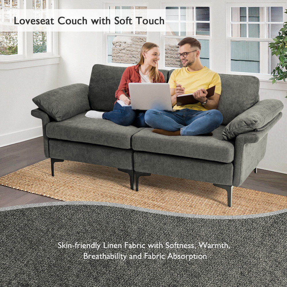 Modern Fabric Loveseat Sofa with Metal Legs & Armrest Pillows, Cozy & Stylish