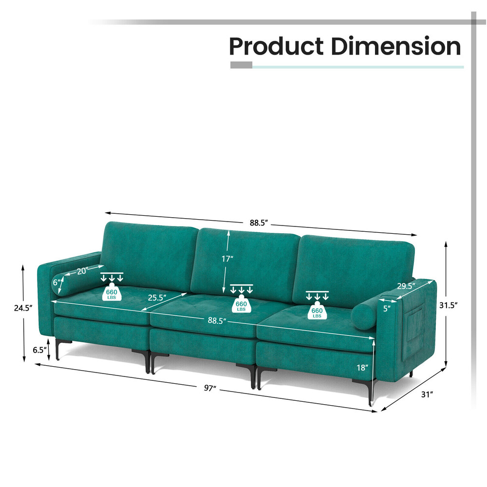 Modular 3Seat Sofa Couch With USBSocket Ports  Side Storage Pocket Modern Sectional Sofa 5