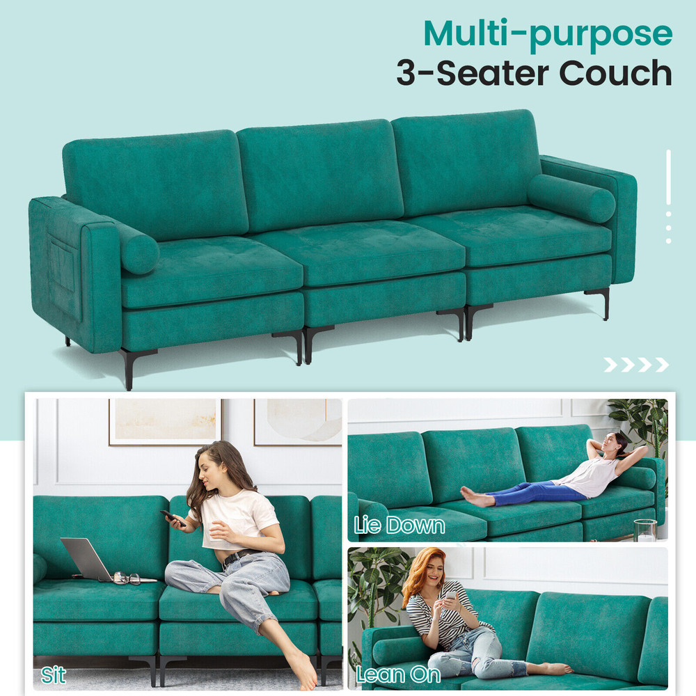 Modular 3Seat Sofa Couch With USBSocket Ports  Side Storage Pocket Modern Sectional Sofa 3