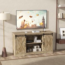 rustic farmhouse tv stand for 65" adjustable shelves & barn doors storage cabinet