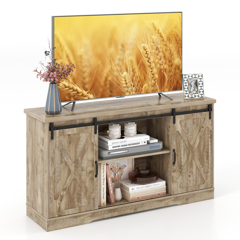 Rustic Farmhouse TV Stand for 65" Adjustable Shelves & Barn Doors Storage Cabinet