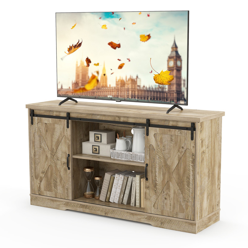 Rustic Farmhouse TV Stand for 65" Adjustable Shelves & Barn Doors Storage Cabinet