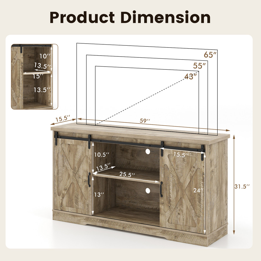 Rustic Farmhouse TV Stand for 65" Adjustable Shelves & Barn Doors Storage Cabinet