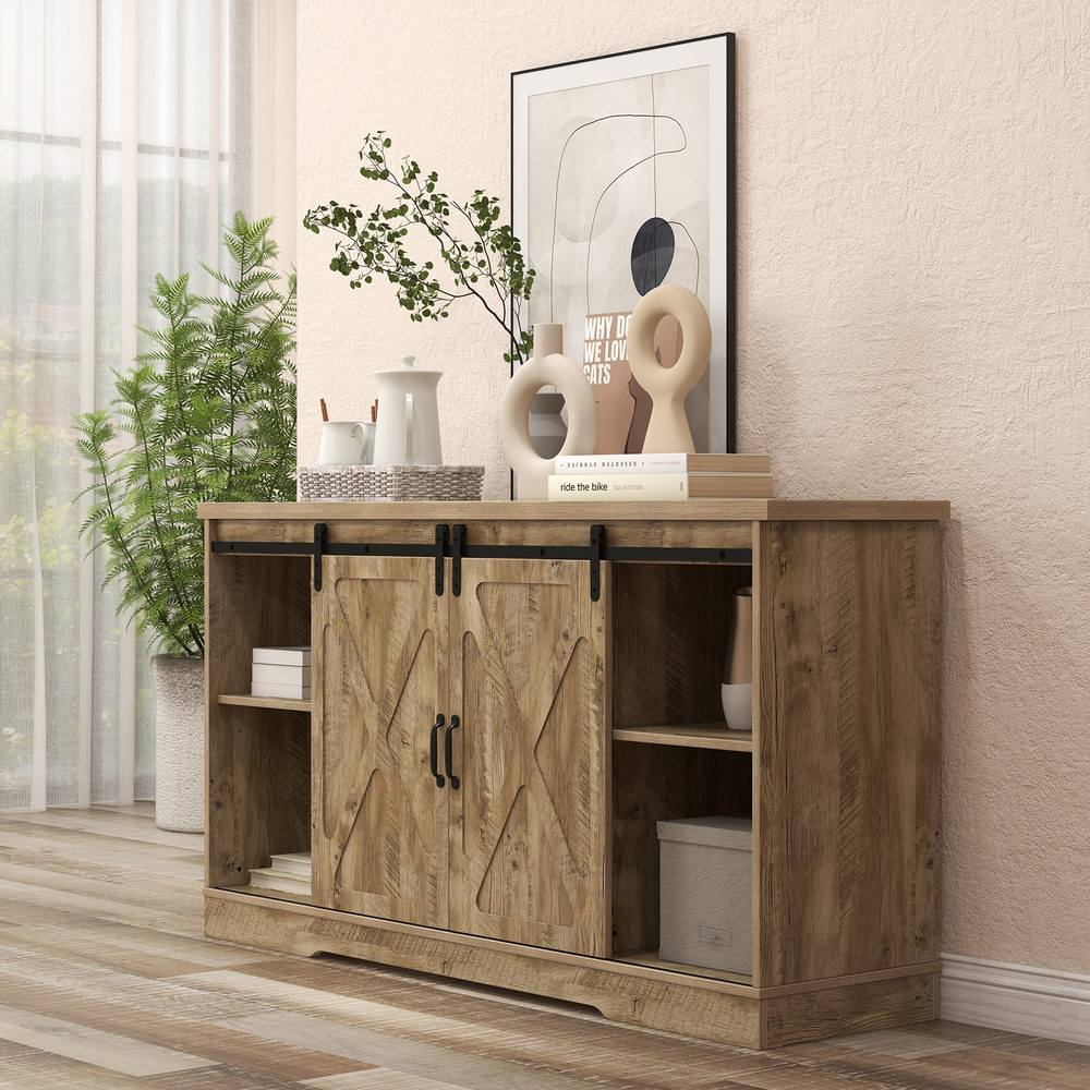 Rustic Farmhouse TV Stand for 65" Adjustable Shelves & Barn Doors Storage Cabinet