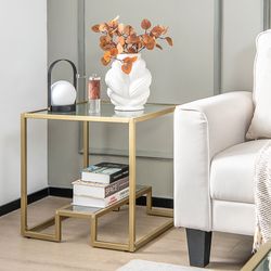 2" modern glass top side table 2-tier sleek sofa table for living room decor