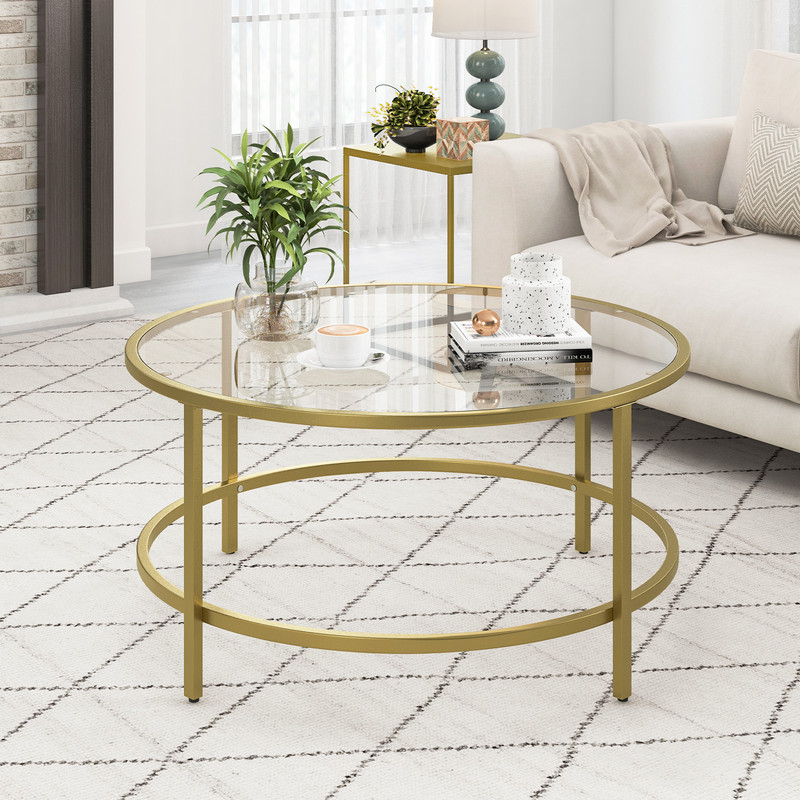 Modern Round Glass Coffee Table, 35 5 Inch Tempered Top w Anti Slip Pads