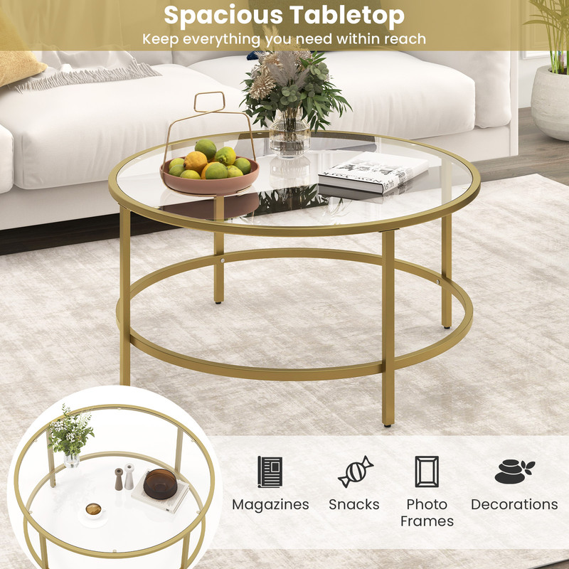 Modern Round Glass Coffee Table, 35 5 Inch Tempered Top w Anti Slip Pads