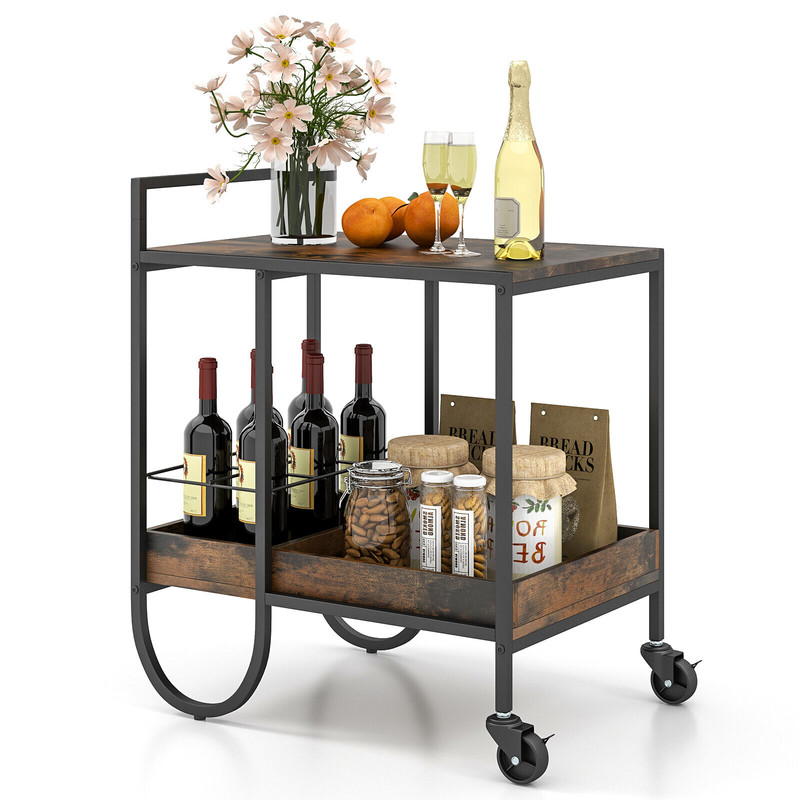 Rolling Buffet Serving Cart with Removable Metal Wire Wine Rack Rustic Brown Bar Cart