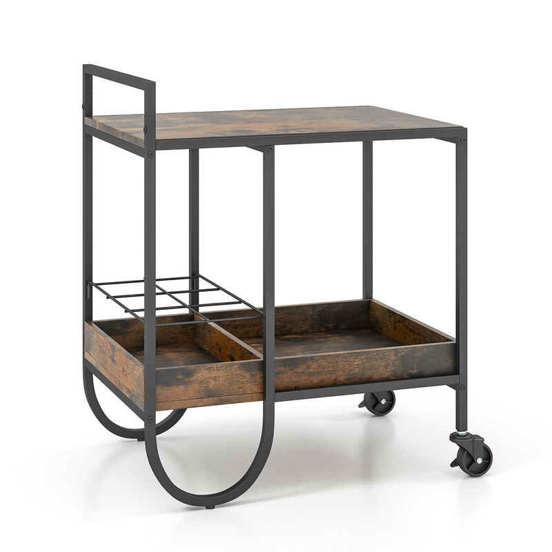 Rolling Buffet Serving Cart with Removable Metal Wire Wine Rack Rustic Brown Bar Cart