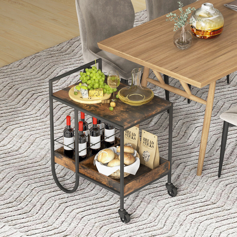 Rolling Buffet Serving Cart with Removable Metal Wire Wine Rack Rustic Brown Bar Cart