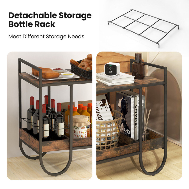 Rolling Buffet Serving Cart with Removable Metal Wire Wine Rack Rustic Brown Bar Cart