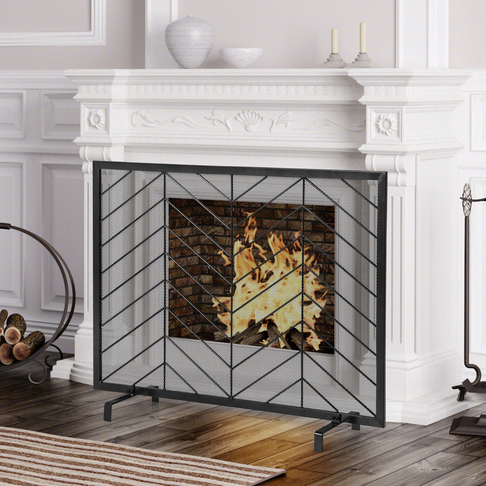 38 x 31 Inch Single Panel Fireplace Screen Elegant Black & Gold Spark Guard