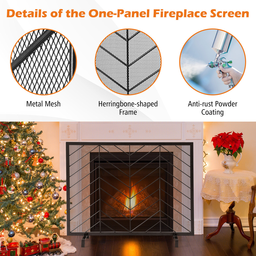 38 x 31 Inch Single Panel Fireplace Screen Elegant Black & Gold Spark Guard