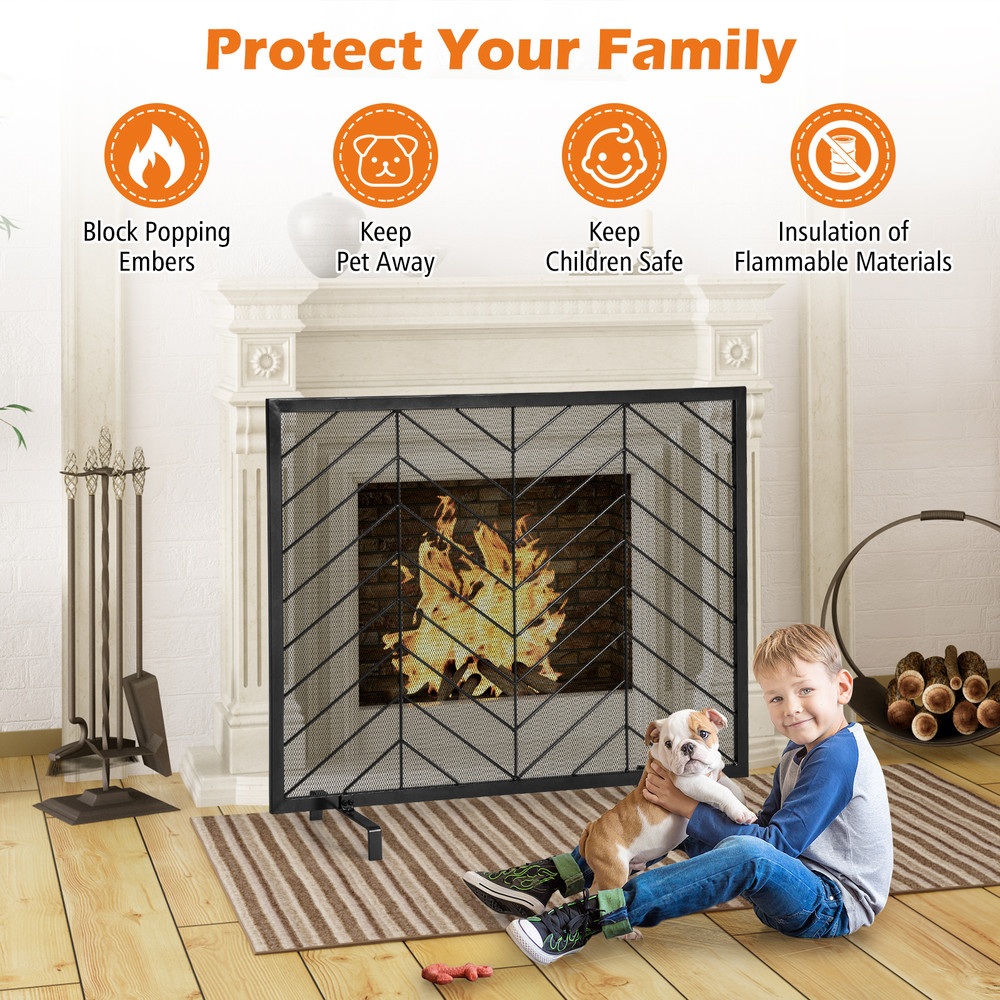 38 x 31 Inch Single Panel Fireplace Screen Elegant Black & Gold Spark Guard
