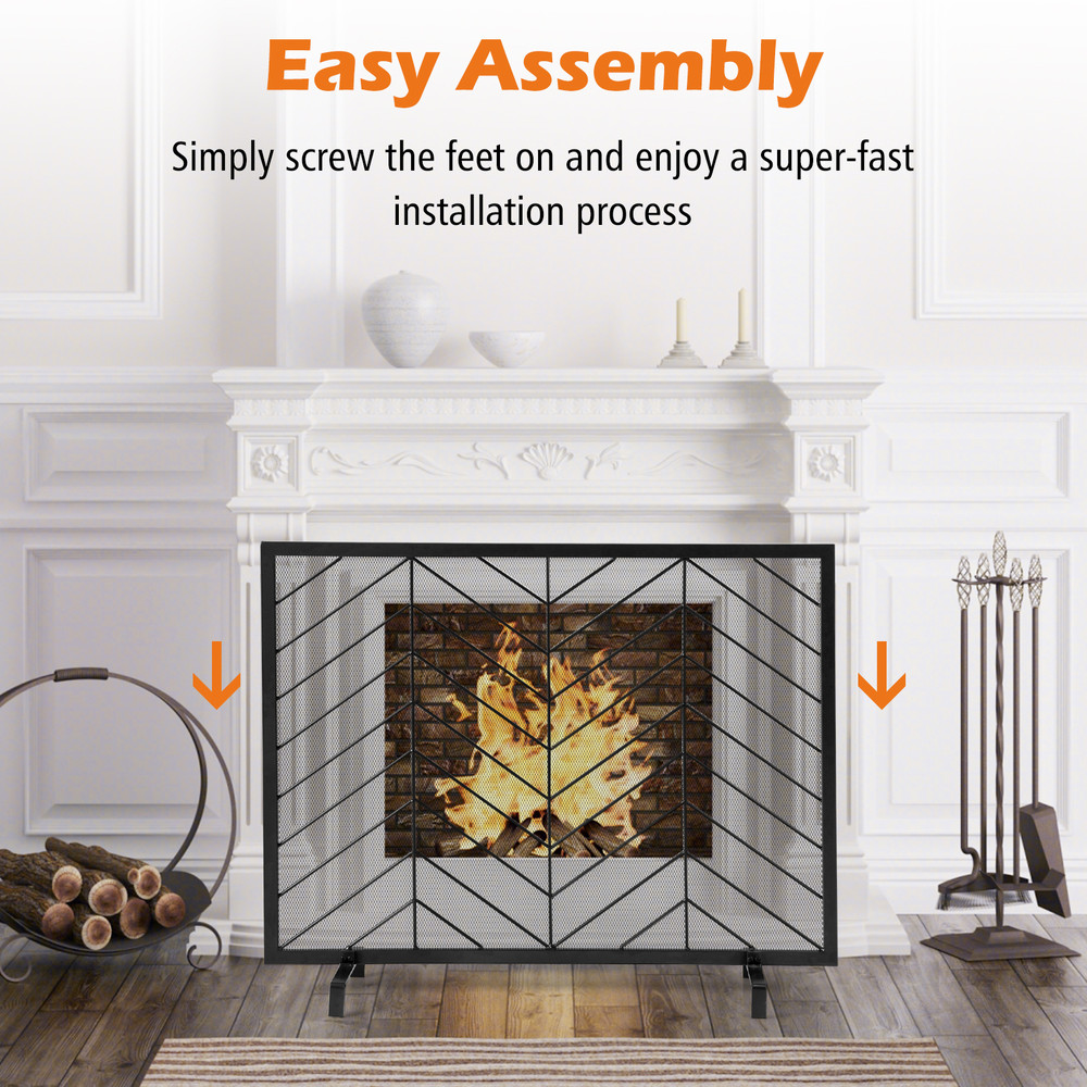 38 x 31 Inch Single Panel Fireplace Screen Elegant Black & Gold Spark Guard