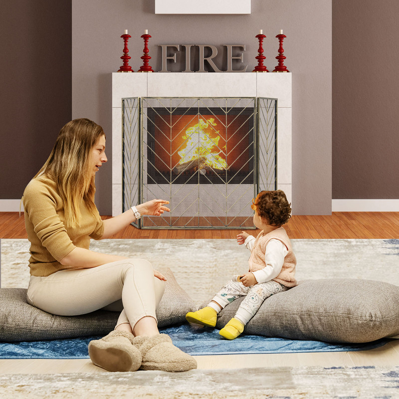 3 Panel Metal Foldable Fireplace Screen with Durable Metal Mesh Adjustable & Stylish