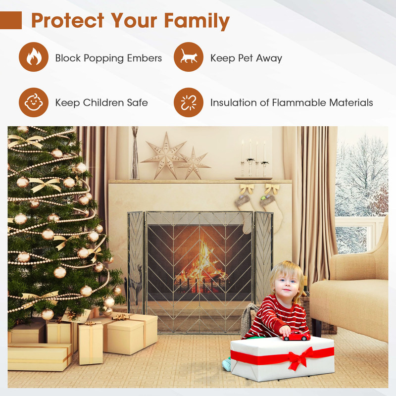 3 Panel Metal Foldable Fireplace Screen with Durable Metal Mesh Adjustable & Stylish