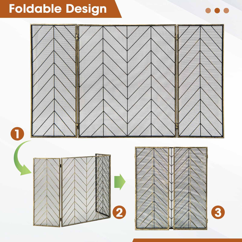 3 Panel Metal Foldable Fireplace Screen with Durable Metal Mesh Adjustable & Stylish