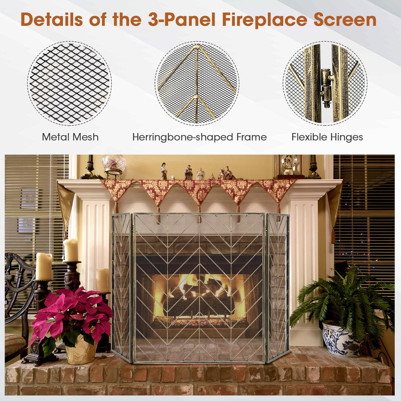 3 Panel Metal Foldable Fireplace Screen with Durable Metal Mesh Adjustable & Stylish