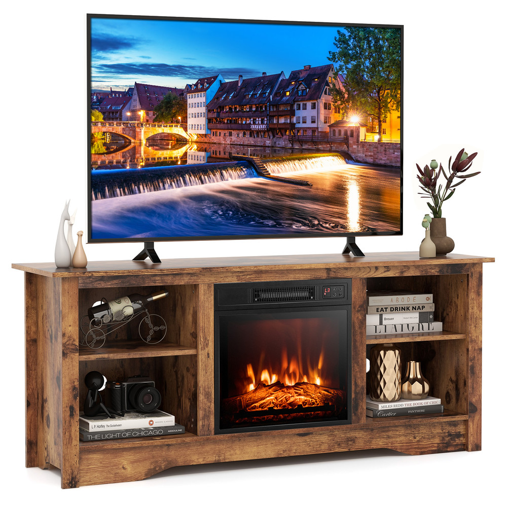 58 Inches TV Stand for Flat Screen TVs Up to 65 Inches with 18" Electric Fireplace Heater & Storage Shelves