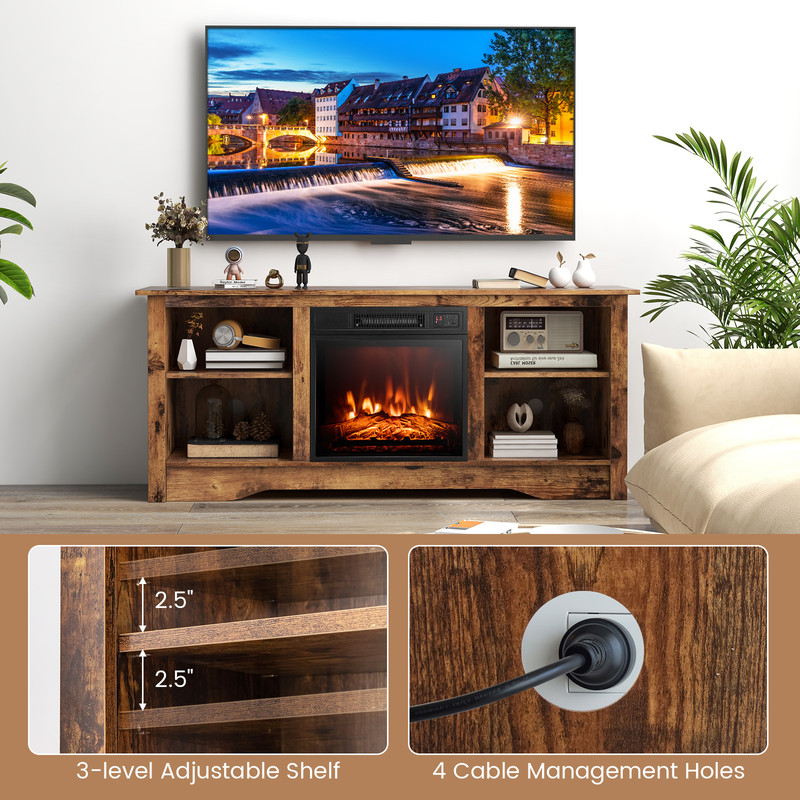58 Inches TV Stand for Flat Screen TVs Up to 65 Inches with 18" Electric Fireplace Heater & Storage Shelves