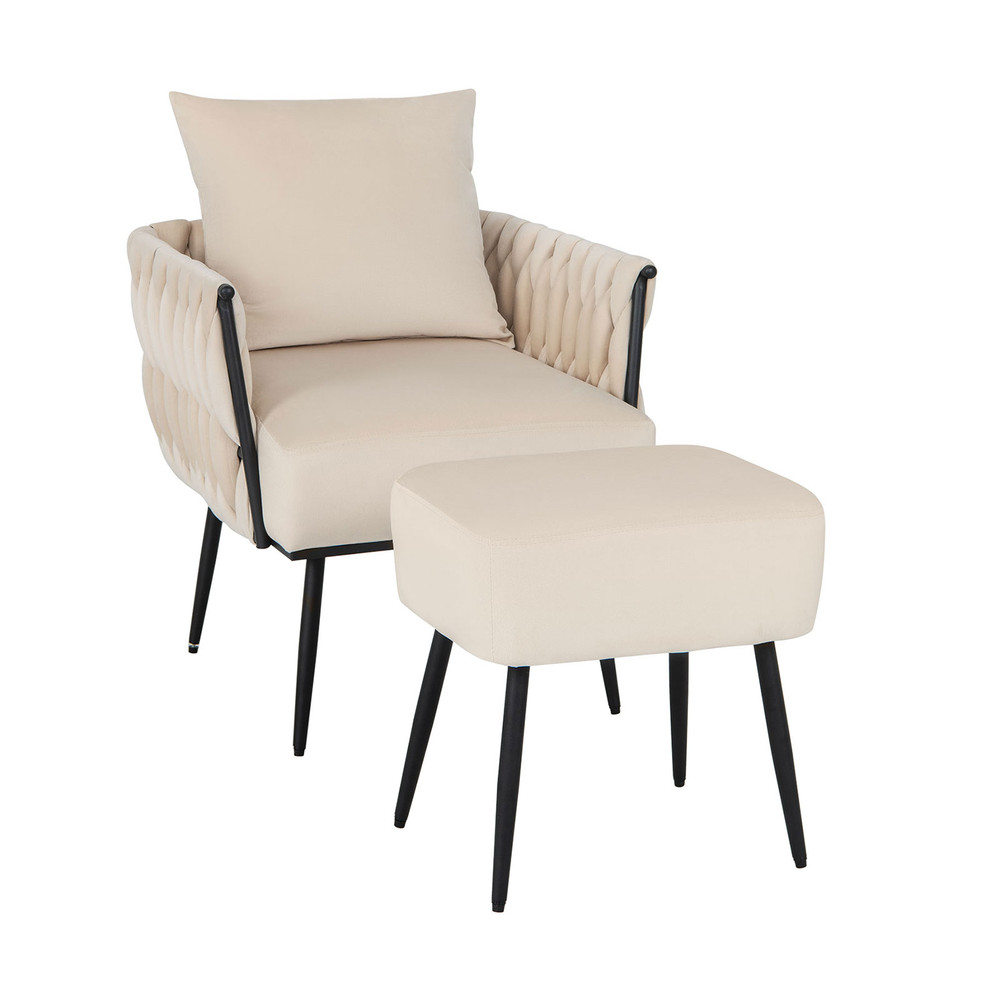 Modern Dutch Velvet Accent Chair and Ottoman Set, Weaved Back & Arms, Elegant Living Room Lounge Chair with Footrest