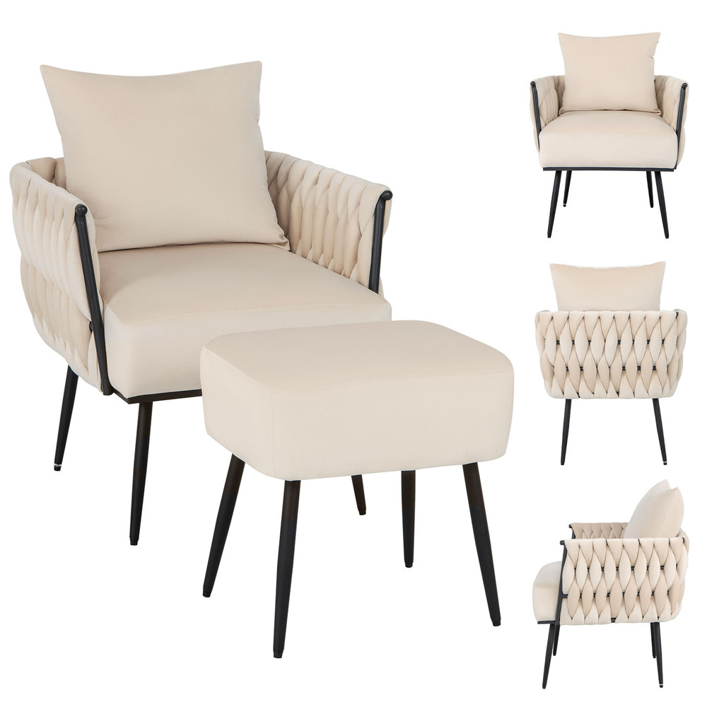 Modern Dutch Velvet Accent Chair and Ottoman Set, Weaved Back & Arms, Elegant Living Room Lounge Chair with Footrest