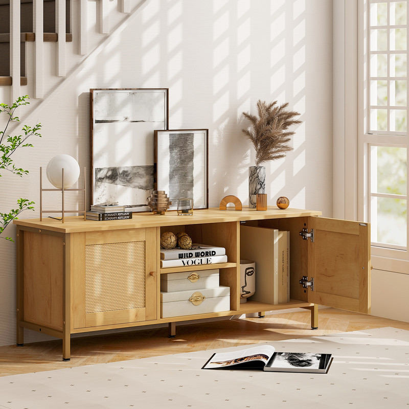 Boho TV Stand for TV up to 55 Inches with Faux Rattan Door, Modern Media Console Table with Storage Shelves & Cabinets