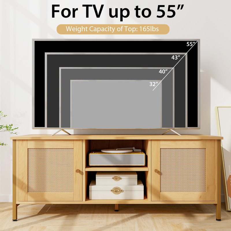 Boho TV Stand for TV up to 55 Inches with Faux Rattan Door, Modern Media Console Table with Storage Shelves & Cabinets