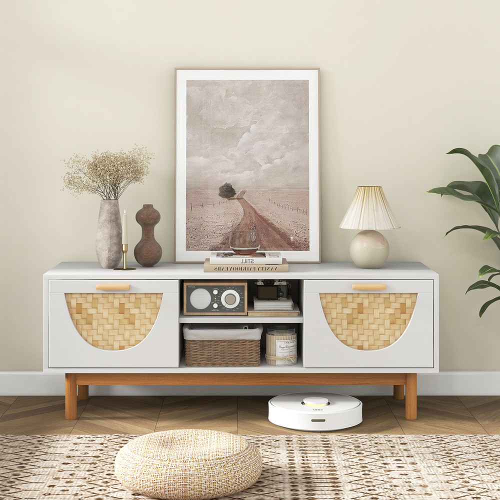 Mid Century Modern TV Stand Entertainment Center for 55-Inch TV with 2 Drawers, Bamboo Woven Fronts, Storage Cabinet