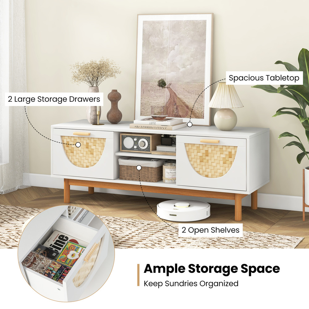 Mid Century Modern TV Stand Entertainment Center for 55-Inch TV with 2 Drawers, Bamboo Woven Fronts, Storage Cabinet